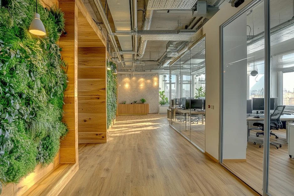 Aluminium frames supporting modern glass partition system.