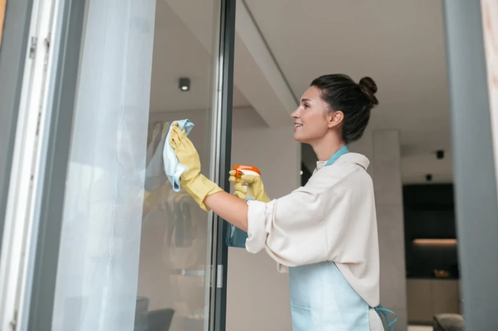 Person cleaning aluminum windows with soft cloth and mild detergent