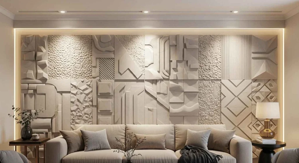 Close-up of a white wave-pattern 3D panels accent wall showing texture and shadows created by subtle lighting