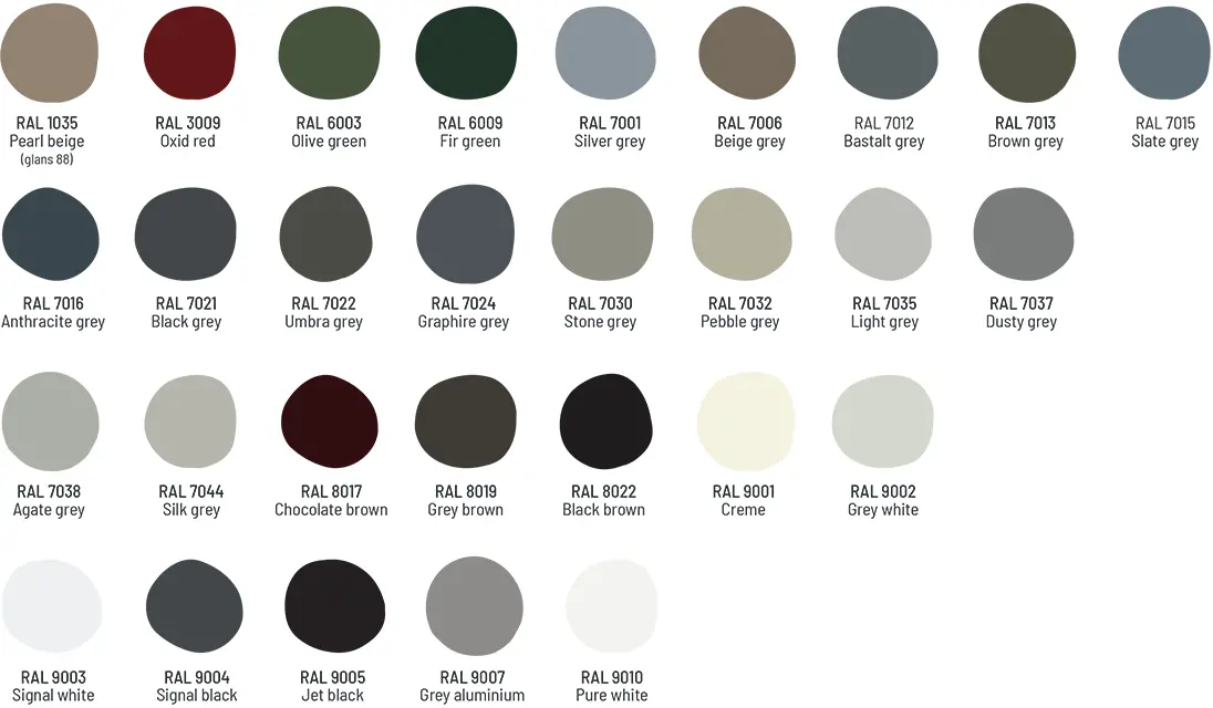 A selection of RAL color swatches for custom powder-coated aluminium window finishes